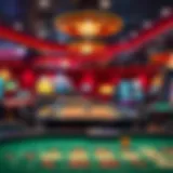 A vibrant casino scene showcasing various game tables