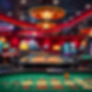 A vibrant casino scene showcasing various game tables
