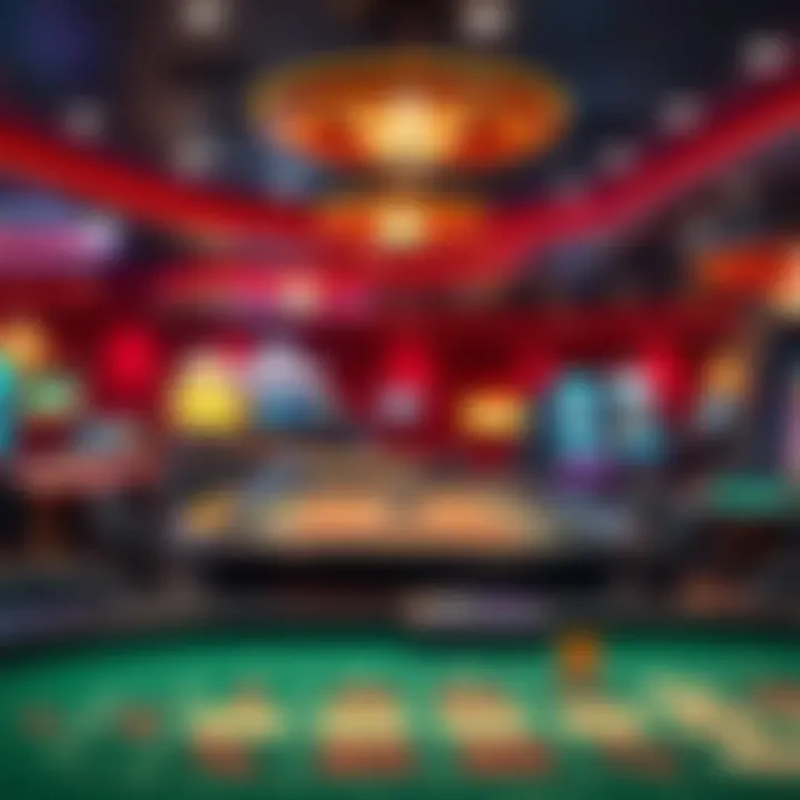 A vibrant casino scene showcasing various game tables