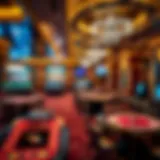 Elegant casino interior showcasing gaming tables and ambient lighting
