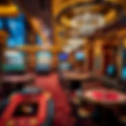 Elegant casino interior showcasing gaming tables and ambient lighting
