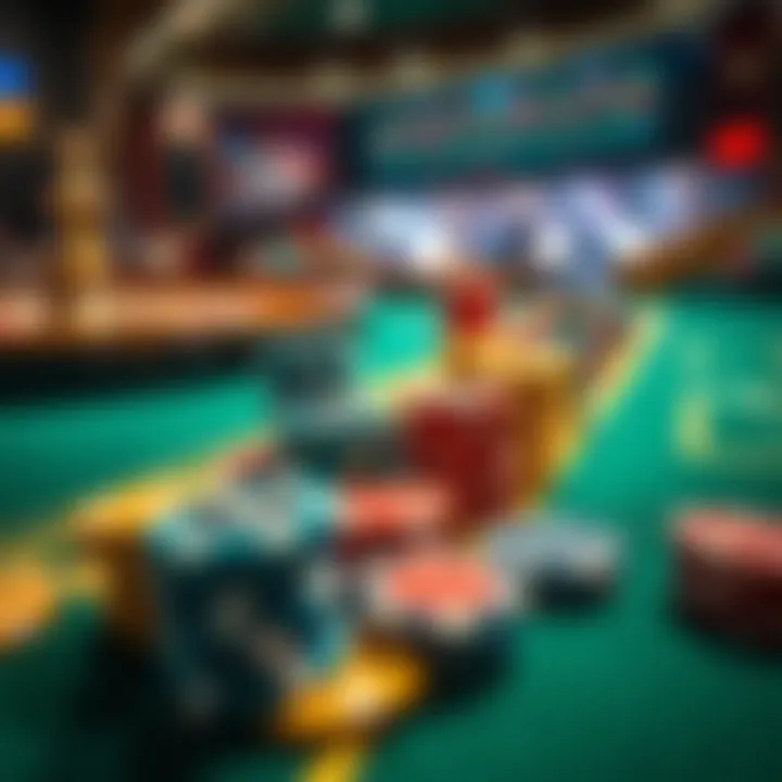 A table filled with colorful chips representing various betting options in roulette